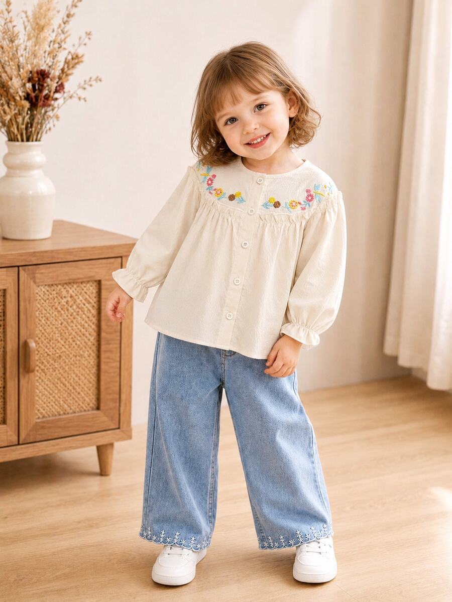SHEIN Vintaside Kids 女童春/秋季可愛花卉刺繡荷葉邊長袖上衣,甜美鈕扣休閒田園風上衣,適合秋季出遊、生日派對、學校、日常穿著,百搭時尚兒童開襟上衣 - 杏色 - 查看 1