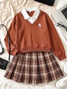 SHEIN Sparklyn 2件組女童秋冬休閒寬鬆翻領上衣 2合1設計 + 條紋格紋百搭裙，學院風，日常穿著、外出、派對 - 棕色 - 查看 4