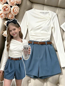 SHEIN Elladie kids 少女抽褶不對稱領長袖T恤與純色短褲套裝，休閒夏季校園兩件式穿搭 - 藍色 - 查看 3
