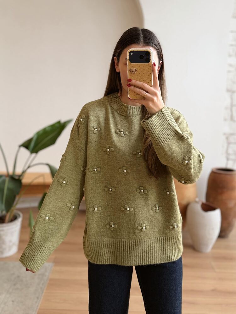 LUMIGAL Women's French Romantic Cute Elegant Knitwear Pearl Sweater With 3D Floral Decoration Fall Olive Green Modest Knit Christmas New Year Pull Date Brunch - Green - View 10