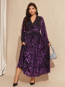 Comfylo 大尺碼女款V領滿版印花百褶休閒優雅派對晚禮服 秋季黑色 - 紫色 - 查看 6