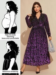 Comfylo 大尺碼女款V領滿版印花百褶休閒優雅派對晚禮服 秋季黑色 - 紫色 - 查看 2