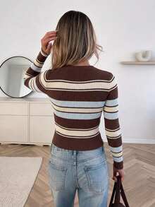 Serisse Women's Vintage Premium Elegant Striped Knit Cardigan - Brown - View 4