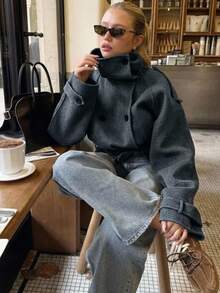 Aloruh 女款優雅高領修身短版純色深灰色大衣，冬季外套，保暖舒適，女款冬季穿搭夾克 - 深灰色 - 查看 4