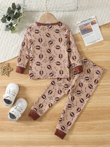 SHEIN 2pcs/Set Toddler Boys Soccer Print Long Sleeve Autumn/Winter Top & Pants Tight Pajama Set Round Neck Cartoon Animal Comfortable Style - Multicolor - View 4