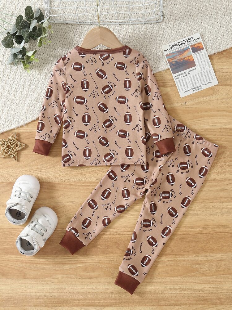 SHEIN 2件組 幼兒男童足球印花長袖秋/冬上衣與長褲緊身睡衣套裝，圓領卡通動物舒適款 - 彩色 - 查看 3
