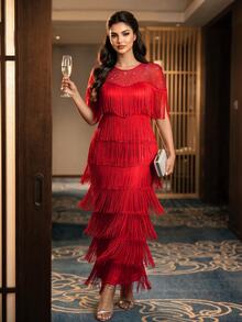 Auveirra Plus Size Women's Round Neck Patchwork Rhinestone Mesh Multi-Layer Tassel Elegant Dress - Red - View 6