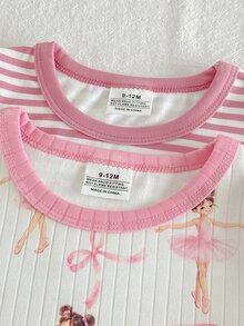 SHEIN 女嬰長袖上衣與長褲套裝，修身居家服，極簡條紋可愛夢幻多色小女孩圖案設計，深受孩子喜愛，舒適柔軟親膚面料製成，適合女嬰居家穿著，為孩子帶來舒適睡眠與健康成長 - 彩色 - 查看 5
