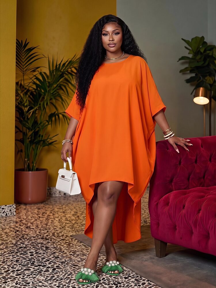 Veslaya Plus Size Women Open Shoulder Asymmetric Hem Straight Dress Autumn Formal Vacation Burnt Orange Casual Elegant - Orange - View 1