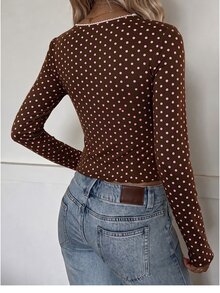 SHEIN EZwear 女款法式波點印花蕾絲拼接長袖上衣 - 棕色 - 查看 2
