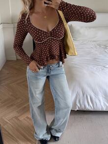 SHEIN EZwear 女款法式波點印花蕾絲拼接長袖上衣 - 棕色 - 查看 3