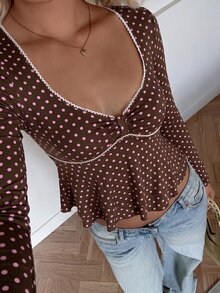 SHEIN EZwear 女款法式波點印花蕾絲拼接長袖上衣 - 棕色 - 查看 6
