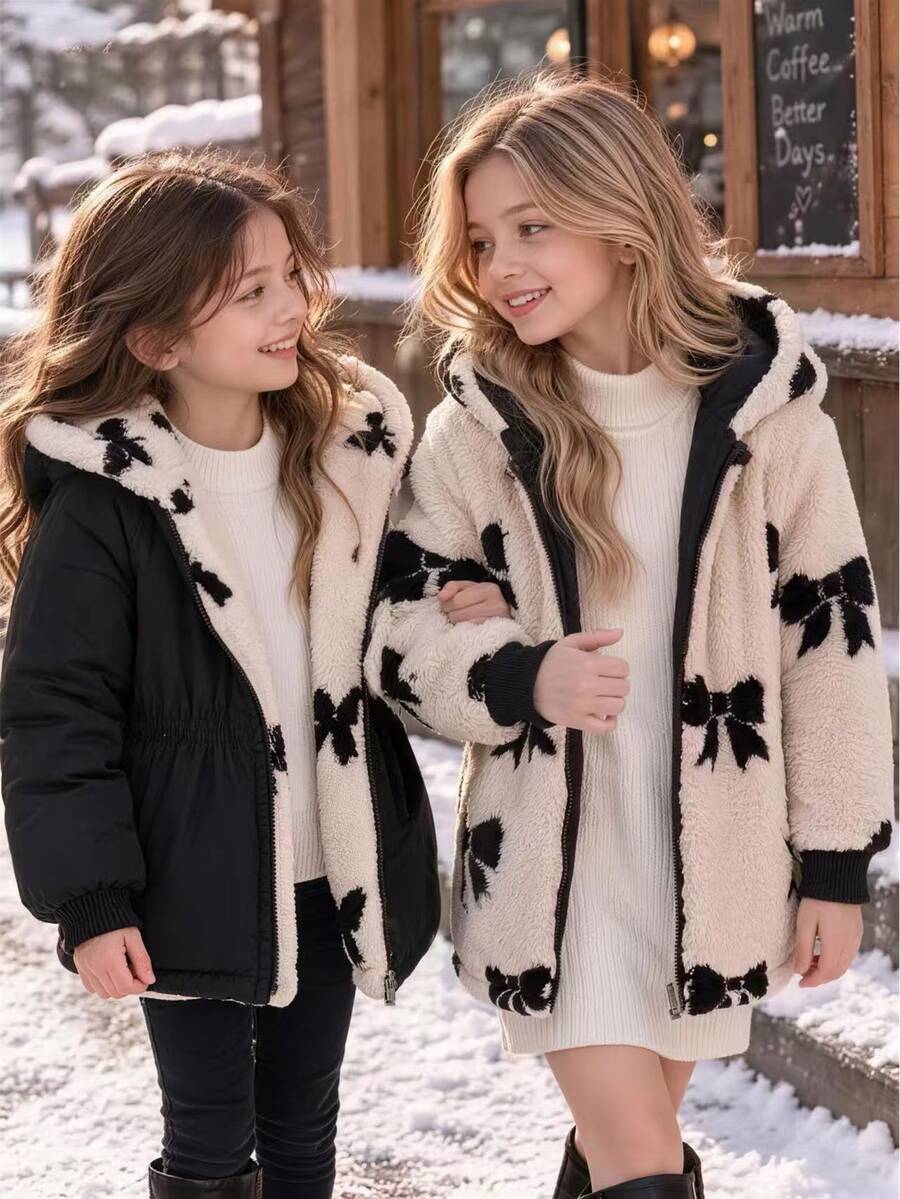 SHEIN 青少年女孩黑色連帽可翻面收腰修身中長款保暖內裡加厚蝴蝶結法蘭絨夾克(法式風格),百搭百搭,適合休閒街頭穿搭與多種場合,秋冬保暖衣物,秋冬穿搭 - 黑色 - 查看 1