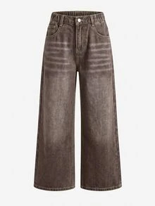 SHEIN Tween Girl Casual Versatile Kids Daily Denim Jeans With And Y2K Fall Winter Casual Back To School Brown Pants Halloween New - Khaki - View 2