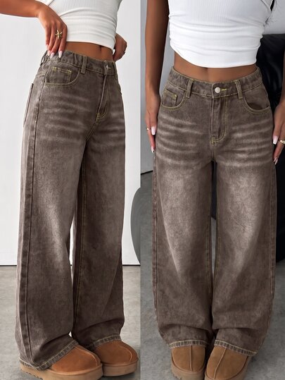 SHEIN Tween Girl Casual Versatile Kids Daily Denim Jeans With And Y2K Fall Winter Casual Back To School Brown Pants Halloween New