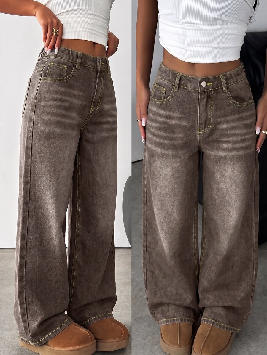 SHEIN Tween Girl Casual Versatile Kids Daily Denim Jeans With And Y2K Fall Winter Casual Back To School Brown Pants Halloween New - Khaki - View 1