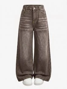SHEIN Tween Girl Casual Versatile Kids Daily Denim Jeans With And Y2K Fall Winter Casual Back To School Brown Pants Halloween New - Khaki - View 6