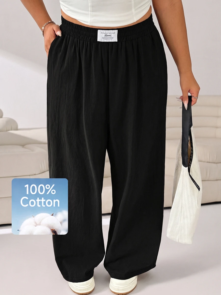Solflare New Plus Size Casual Black Simple Versatile Pants, 100% Cotton Wide Leg Pants, Women Pants Wide Leg