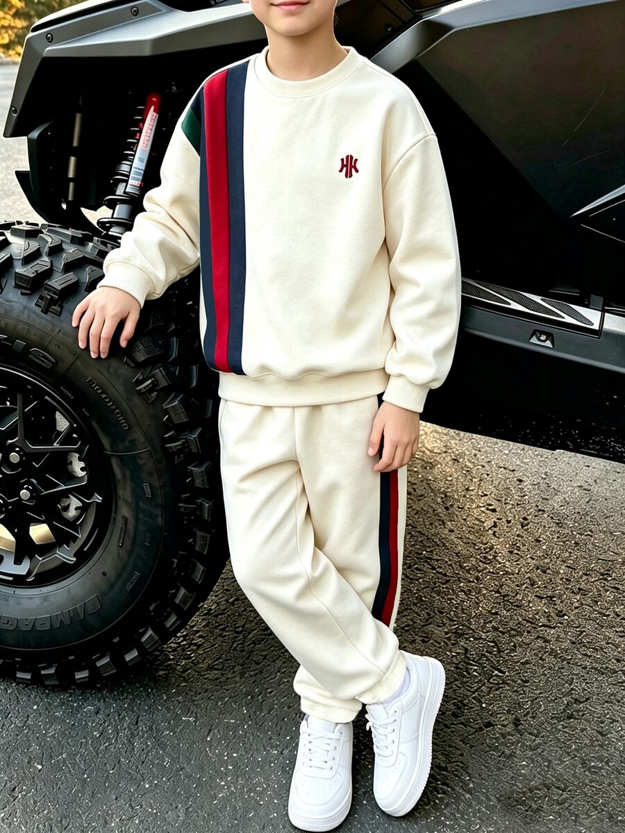 2件組 青少年男孩時尚簡約舒適圓領運動衫與運動長褲套裝,簡約時尚幾何拼接設計,英文印花圖案,適合假期派對聚會,休閒舒適,男孩春夏秋冬首選,春夏秋冬街頭穿搭,開學與派對休閒穿著 - 彩色 - 查看 1