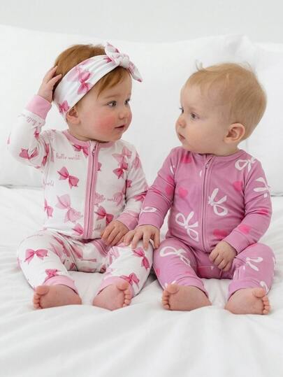 SHEIN 2 Pieces Baby Girls Pajama Fall Autumn/Winter Set, White And Pink Zipper One Piece Long Sleeve Footless Jumpsuit, Snug Fit Bow Heart Print Sleep