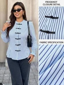 Easura Plus Size Women's Striped Button-Down Long Sleeve Casual Shirt Fall - Multicolor - View 8