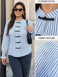 Easura Plus Size Women's Striped Button-Down Long Sleeve Casual Shirt Fall - Multicolor - View 1