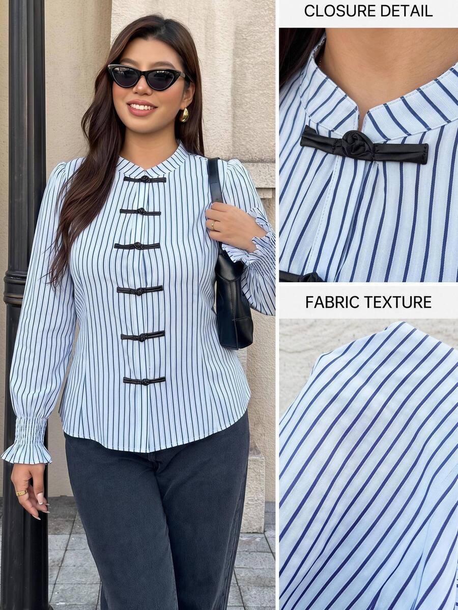 Easura Plus Size Women's Striped Button-Down Long Sleeve Casual Shirt Fall - Multicolor - View 1
