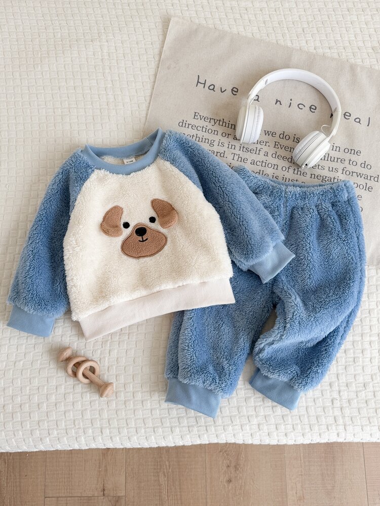 SHEIN Baby Boy Autumn/Winter 2 Pieces Set, Cute 3D Puppy Embroidery Colorblock Long Sleeve Sweatshirt With Elastic Waist Casual Long Pants, Adorable Outfit Stylish Separates, Comfortable Photo-Ready Long Sleeve Set - Blue - View 5