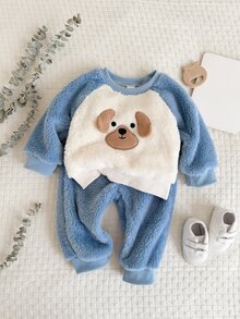 SHEIN 男嬰秋冬兩件套，可愛3D小狗刺繡拼色長袖衛衣搭配鬆緊腰休閒長褲，時尚可愛分體套裝，舒適拍照長袖套裝 - 藍色 - 查看 4