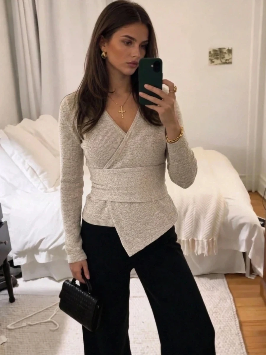 Aloruh Women's Long Sleeve Elegant French Autumn/Winter Asymmetrical Hem Ruched Waist Sweater Brunch Beige