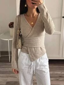 Aloruh 女款長袖優雅法式秋冬不對稱下擺抽褶腰部針織衫 早午餐米色 - 卡其色 - 查看 8