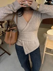 Aloruh 女款長袖優雅法式秋冬不對稱下擺抽褶腰部針織衫 早午餐米色 - 卡其色 - 查看 6