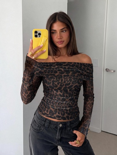 Siren Gaze Women's Leopard Print Off Shoulder Fashionable Versatile Party Club Night Night Out Work Wear Flare Sleeve T-Shirt Casual Sexy For Top Cheetah The
