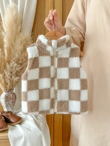 Vintaside Kids 1件幼童男童刷毛背心 可愛棕色白色棋盤格 毛茸茸拉鍊無袖立領 加厚 假日派對 冬季聖誕連身褲 秋季絨毛 - 杏色 - 查看 9