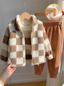 Vintaside Kids 1件幼童男童刷毛背心 可愛棕色白色棋盤格 毛茸茸拉鍊無袖立領 加厚 假日派對 冬季聖誕連身褲 秋季絨毛 - 杏色 - 查看 5