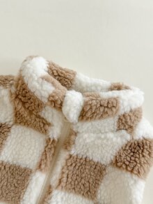Vintaside Kids 1件幼童男童刷毛背心 可愛棕色白色棋盤格 毛茸茸拉鍊無袖立領 加厚 假日派對 冬季聖誕連身褲 秋季絨毛 - 杏色 - 查看 8