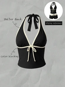 SHEIN Swim Women's Summer/Fall Elegant Spaghetti Strap Bowknot Camisole Bikini Top(No Bottom) Black And White Beachwear Going Out - Multicolor - View 4