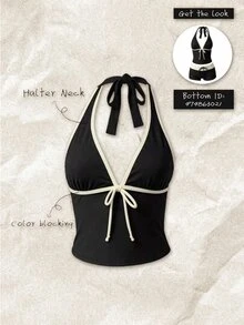 SHEIN Swim Women's Summer/Fall Elegant Spaghetti Strap Bowknot Camisole Bikini Top(No Bottom) Black And White Beachwear Going Out - Multicolor - View 1