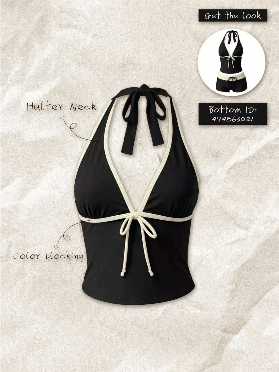 SHEIN Swim Women's Summer/Fall Elegant Spaghetti Strap Bowknot Camisole Bikini Top(No Bottom) Black And White Beachwear Going Out - Multicolor - View 1