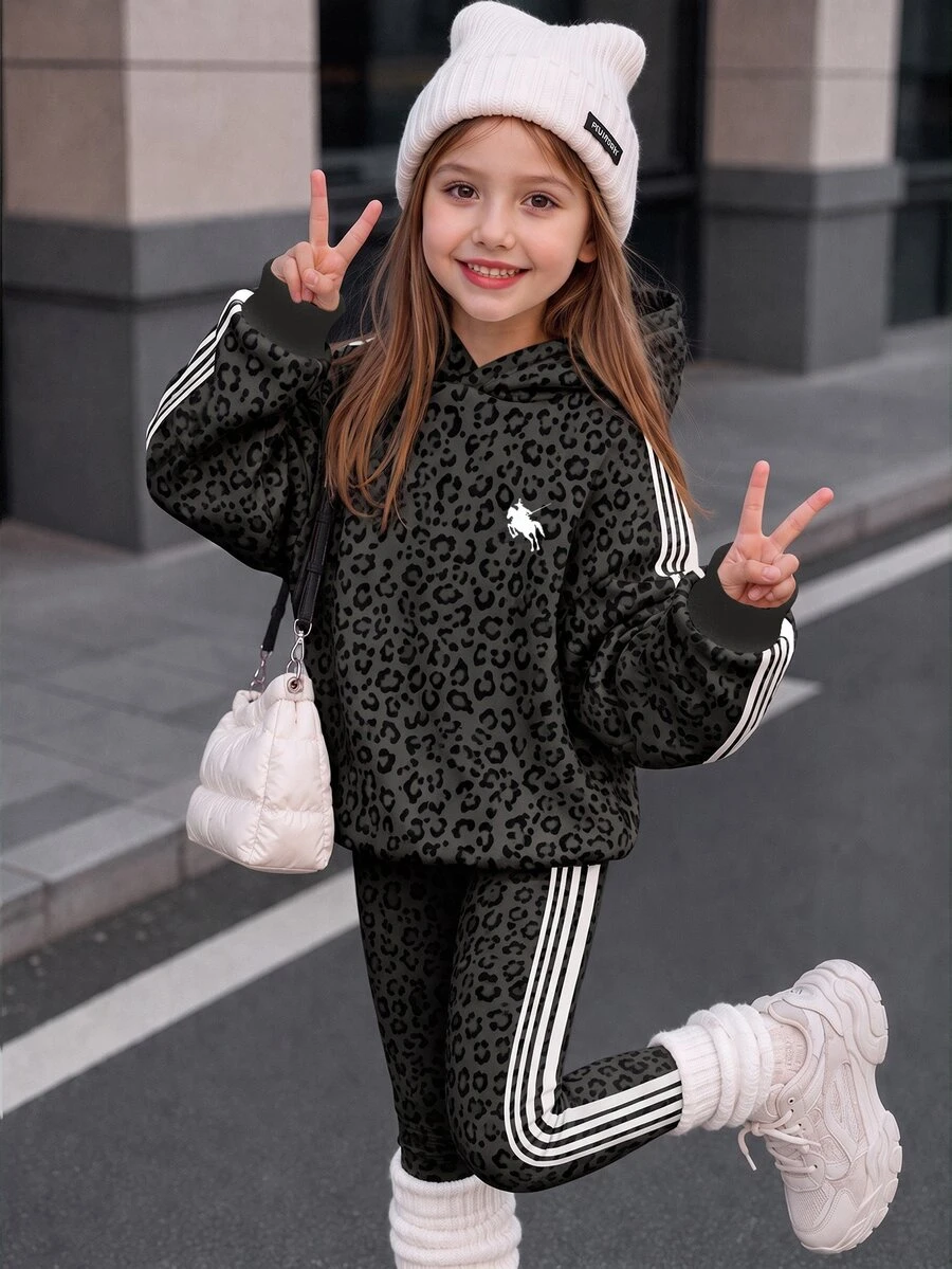 復古時尚豹紋拼色條紋,少女休閒寬鬆連帽長袖衛衣與修身長褲2件套,適合秋冬日常穿著、外出、校園、運動、返校 - 彩色 - 查看 1