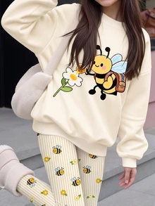Tween女孩可愛蜜蜂圖案花卉田園風米色圓領長袖衛衣與內搭褲2件套，適合秋冬，圖案舒適女孩套裝，Y2K復古開學穿搭，Kawaii - 白色 - 查看 8