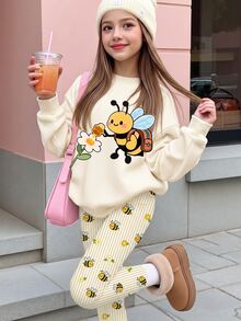 Tween女孩可愛蜜蜂圖案花卉田園風米色圓領長袖衛衣與內搭褲2件套，適合秋冬，圖案舒適女孩套裝，Y2K復古開學穿搭，Kawaii - 白色 - 查看 2