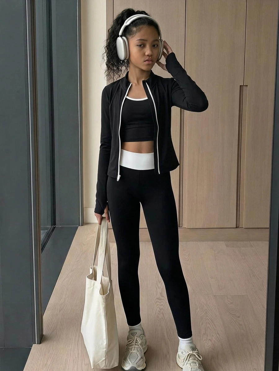 SHEIN Tween Girls Black White Kids Color Block Front Zip-Up Jacket Vest Leggings Sports Outfit 3pcs Set - Black and White - View 1