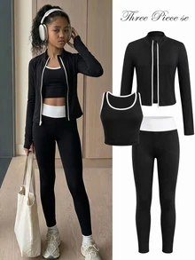 SHEIN Tween Girls Black White Kids Color Block Front Zip-Up Jacket Vest Leggings Sports Outfit 3pcs Set - Black and White - View 14
