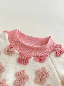 SHEIN Vintaside Kids 1件幼童女款衛衣套頭衫，甜美粉色與白色3D毛絨花朵設計，插肩袖圓領，加厚款，適合派對、秋季、聖誕節、假期與冬季，羅紋下擺 - 粉色 - 查看 4