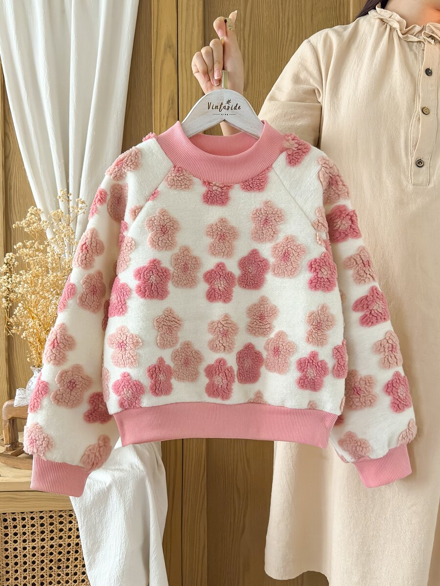SHEIN Vintaside Kids 1件幼童女款衛衣套頭衫,甜美粉色與白色3D毛絨花朵設計,插肩袖圓領,加厚款,適合派對、秋季、聖誕節、假期與冬季,羅紋下擺 - 粉色 - 查看 1