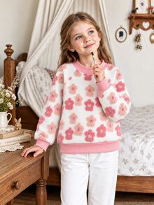 SHEIN Vintaside Kids 1件幼童女款衛衣套頭衫，甜美粉色與白色3D毛絨花朵設計，插肩袖圓領，加厚款，適合派對、秋季、聖誕節、假期與冬季，羅紋下擺 - 粉色 - 查看 3