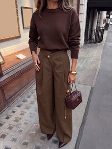Allurite Women's Solid Color Asymmetric Waist Pleated Wide Leg Elegant Business Casual Long Pants Office Work Espresso Brown Autumn - Brown - View 4