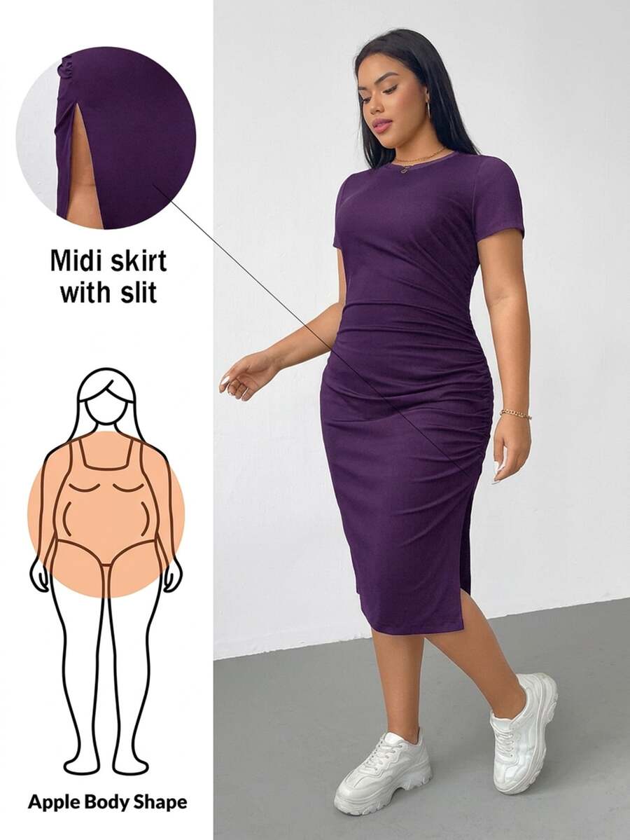 Shapeblank فستان أنيق متوسط الطول مع فتحة في الخلف، بأكمام قصيرة، مريح ومرن، مناسب للاستخدام اليومي والمناسبات البسيطة، بتصميم أساسي، باللون الأسود، مناسب للمرأة ذات الحجم الكبير في الربيع والصيف - الأرجواني - مشاهدة 1