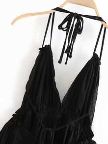 BELROSIE Dobby Mesh Self-Tie Ruffled Halter Dress - Black - View 7